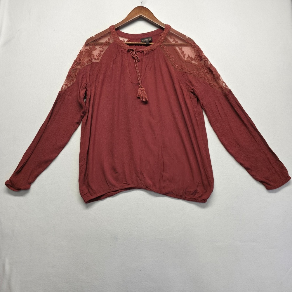 Shyanne Womens Gauze Blouse Size S  Burgundy Embroidered Long Sleeve High Low